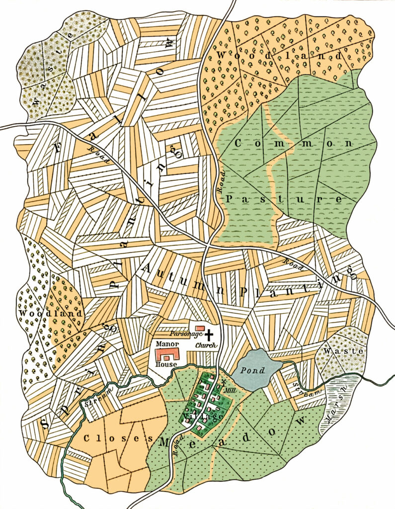 a map showing land use in the middle-ages, including a 'common pasture' (common land). Image from Wikimedia Commons.